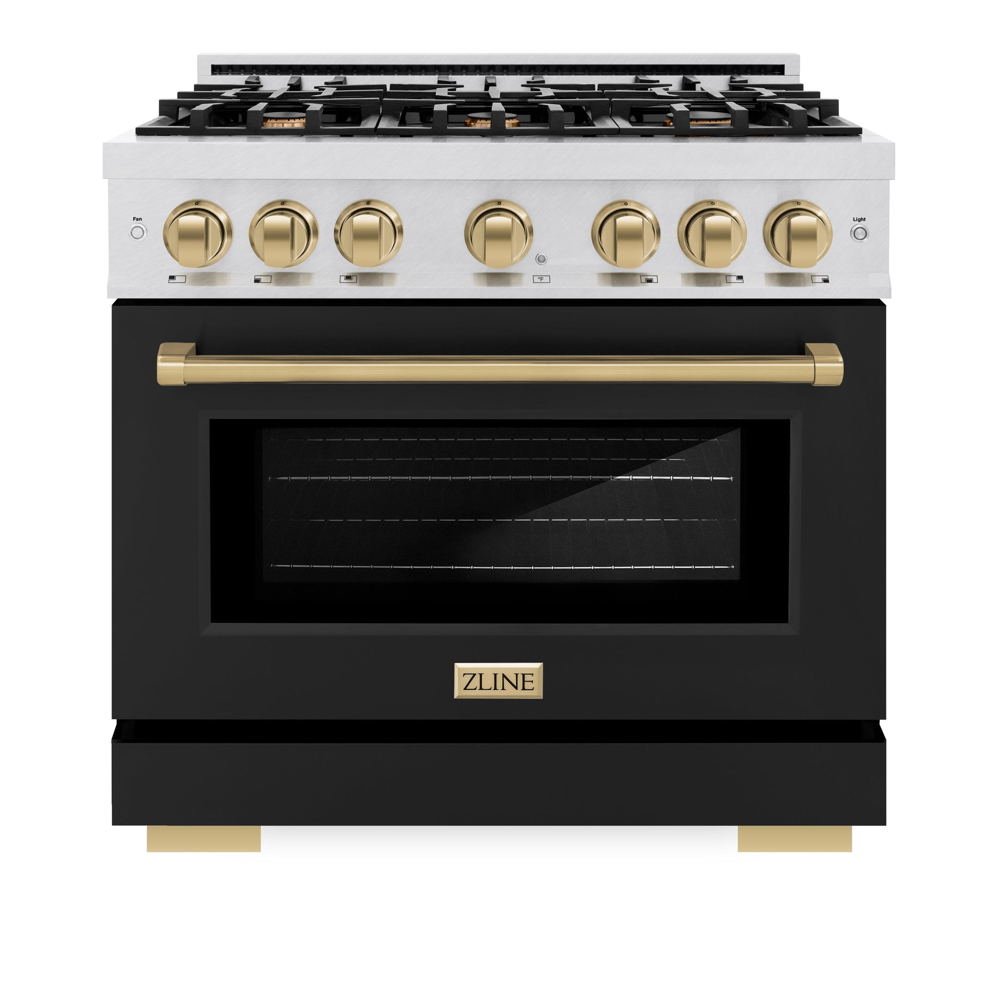 ZLINE Autograph Edition 36 in. 5.2 cu. ft. Select Gas Range with 6 Burner Cooktop and Convection Gas Oven in Satin Stainless Steel with Black Matte Door and Champagne Bronze Accents (HGRSZ-BLM-36-CB)