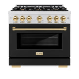 ZLINE Autograph Edition 36 in. 5.2 cu. ft. Select Gas Range with 6 Burner Cooktop and Convection Gas Oven in Satin Stainless Steel with Black Matte Door and Polished Gold Accents (HGRSZ-BLM-36-G)