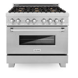 ZLINE 36 in. 4.6 cu. ft. Legacy Dual Fuel Range with Gas Cooktop and Electric Convection Oven in Satin Stainless Steel with 6 Brass Burners and Griddle (RAS-SN-BR-GR-36)