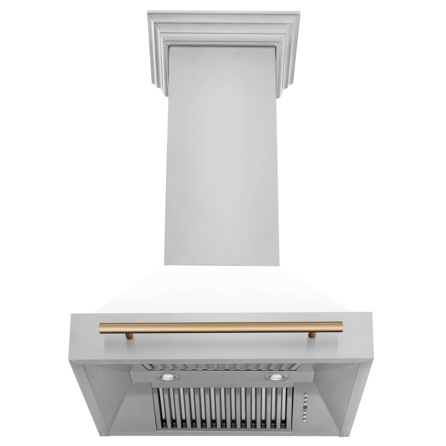 ZLINE Autograph Edition 30 in. Kitchen Package with Stainless Steel Dual Fuel Range with White Matte Door, Range Hood and Dishwasher with Champagne Bronze Accents (3AKP-RAWMRHDWM30-CB)