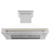ZLINE Autograph Edition 48 in. Kitchen Package with Stainless Steel Dual Fuel Range with White Matte Door and Range Hood with Polished Gold Accents (2AKP-RAWMRH48-G)