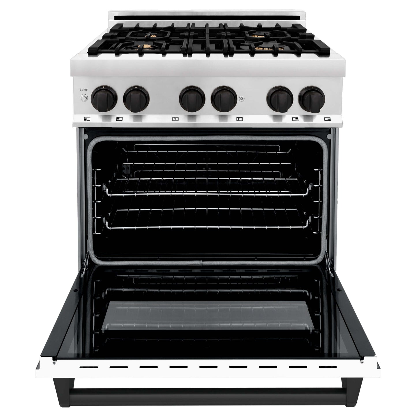 ZLINE Autograph Edition 30 in. Kitchen Package with Stainless Steel Dual Fuel Range with White Matte Door and Range Hood with Matte Black Accents (2AKP-RAWMRH30-MB)