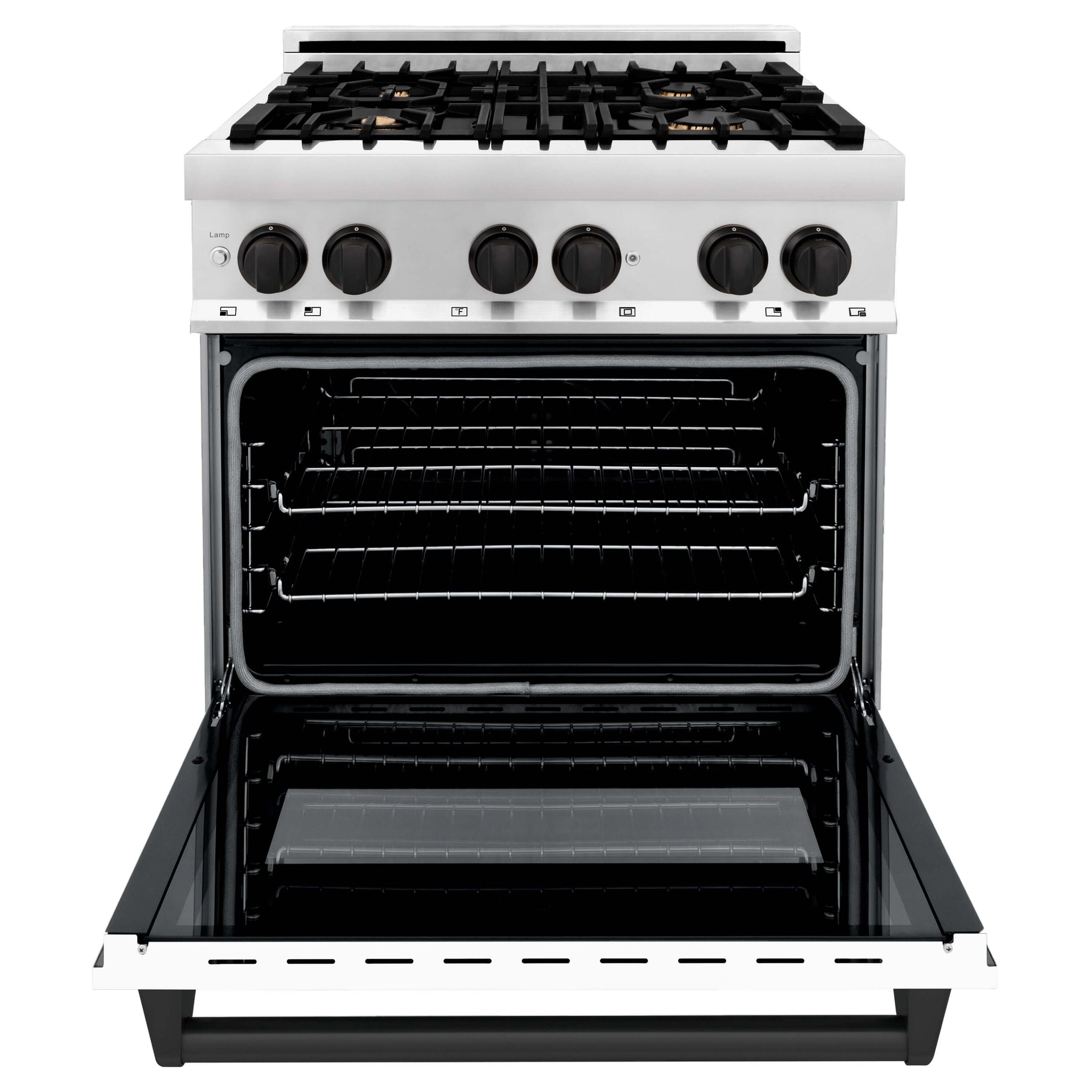 ZLINE Autograph Edition 30 in. Kitchen Package with Stainless Steel Dual Fuel Range with White Matte Door and Range Hood with Matte Black Accents (2AKP-RAWMRH30-MB)