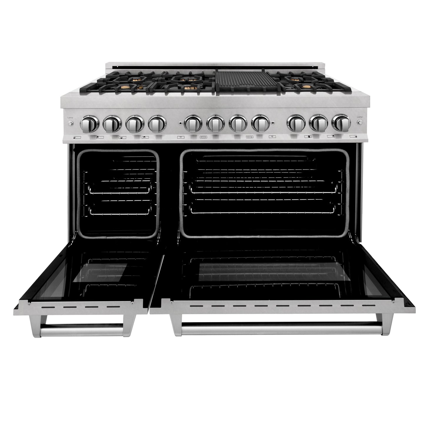 ZLINE 48 in. 6.0 cu. ft. Legacy Dual Fuel Range with Gas Cooktop and 2 Electric Ovens in Satin Stainless Steel with 6 Brass Burners and Griddle (RAS-SN-BR-GR-48)