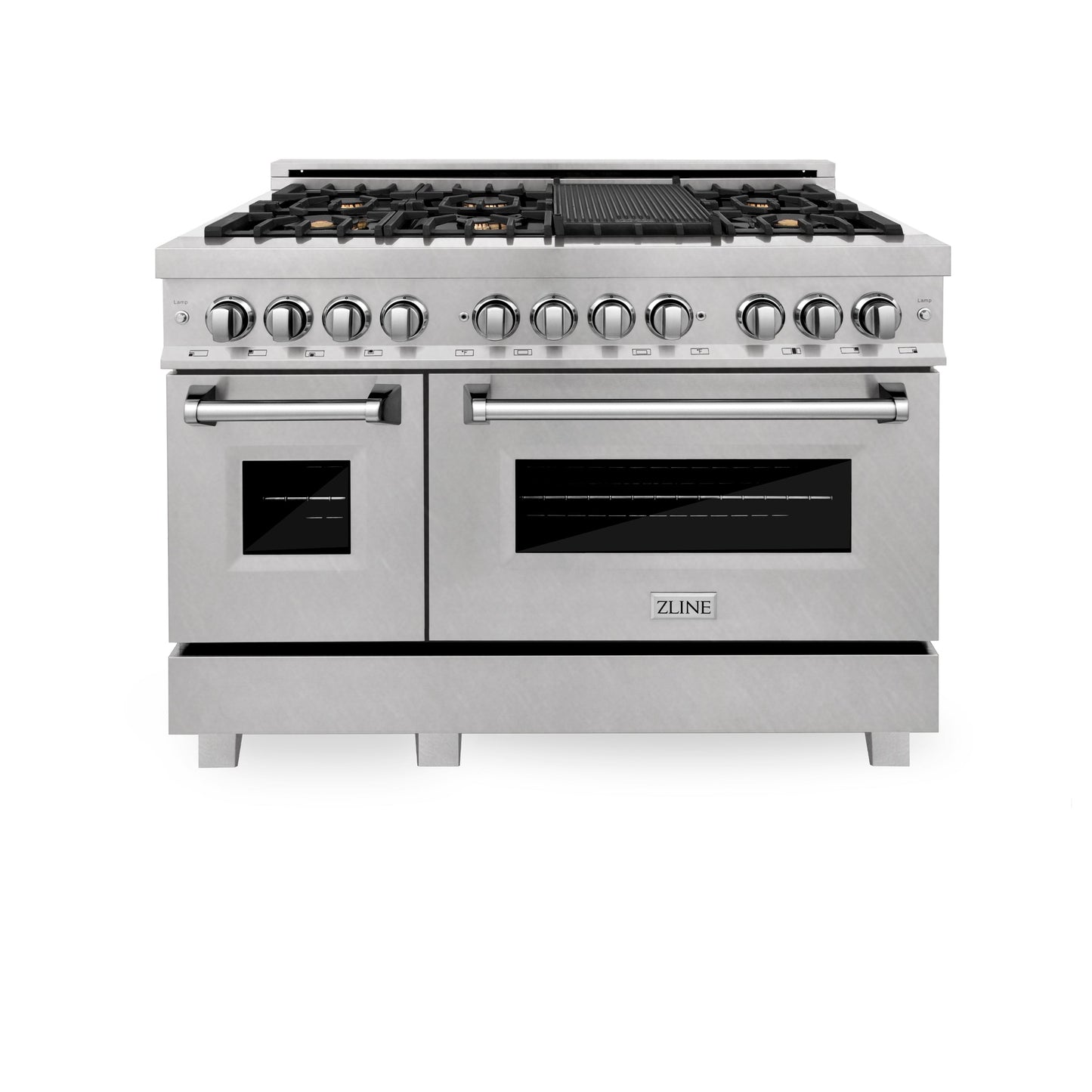 ZLINE 48 in. 6.0 cu. ft. Legacy Dual Fuel Range with Gas Cooktop and 2 Electric Ovens in Satin Stainless Steel with 6 Brass Burners and Griddle (RAS-SN-BR-GR-48)