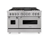 ZLINE 48 in. 6.0 cu. ft. Legacy Dual Fuel Range with Gas Cooktop and 2 Electric Ovens in Satin Stainless Steel with 6 Brass Burners and Griddle (RAS-SN-BR-GR-48)